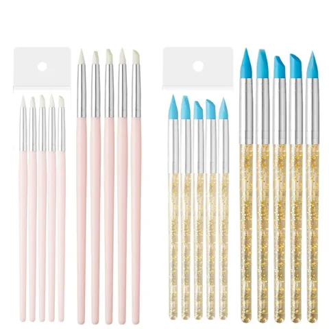 Siliconen Nail Art Penseel Set Snijden Modellering Pennen Aquarel Tekening Vormgeven Gereedschap Met Kunststof En Houten Handvatten