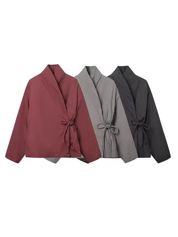 Mujer Casual Color Sólido Manga Larga Cuello en V Envolvente Kimono Chaqueta Acolchada Invierno Cálido Cinturón Algodón Abrigo Acolchado