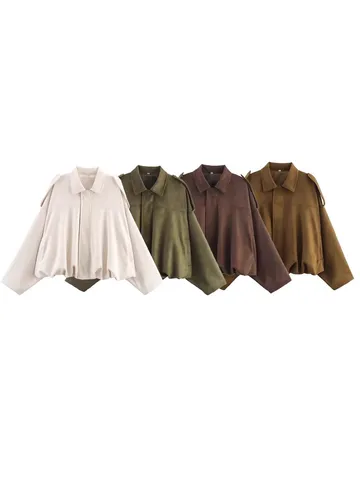 Women's Fall Casual Solid Color Faux Suede Pilot Jacket Vintage Lapel Long Sleeve Zip Up Short Outerwear Coat With Pockets