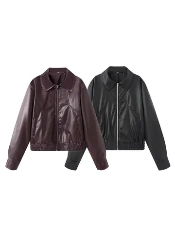 Damen Casual Kunstleder Jacke Revers Langarm Reißverschluss Oberbekleidung Trendige Streetwear Modischer Mantel