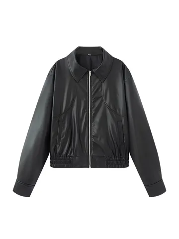 Damen Casual Kunstleder Jacke Revers Langarm Reißverschluss Oberbekleidung Trendige Streetwear Modischer Mantel
