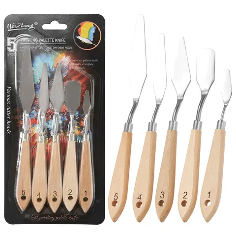 Set di 5 Spatole per Pittura per Artisti in Acciaio Inossidabile con Manici in Legno per Pittura ad Olio e Acquerello