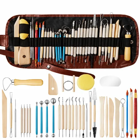 Pottery Clay Sculpting Tools Wood Metal Carving Knives Sponge Dotting Pens Ceramic Craft DIY Modeling Kit With Bag