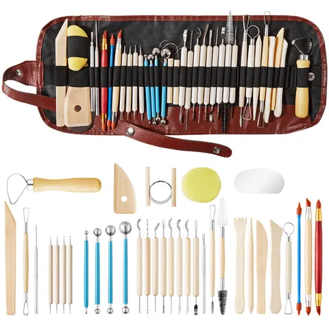 Töpferton Bildhauerei Werkzeuge Holz Metall Schnitzmesser Schwamm Punktierpensel Keramik Handwerk DIY Modellierung Set Mit Tasche