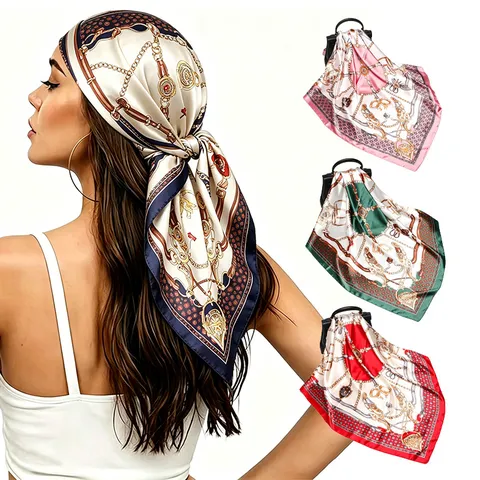Women Fashion Chain Print Silk Feel Satin Square Scarf Elegant Vintage Headscarf Neck Scarf Shawl