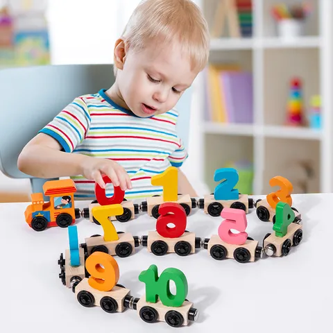 Wooden Magnetic Digital Train Toy Kids Early Educational Learning Building Blocks Train Track