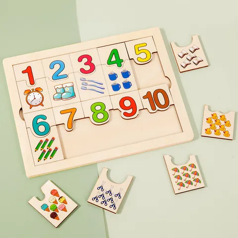 Wooden Educational Number Matching Puzzle Board Kindergarten Early Math Cognitive Montessori Toy