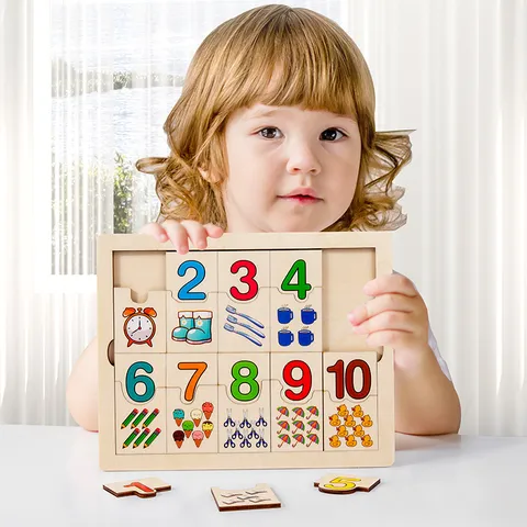 Wooden Educational Number Matching Puzzle Board Kindergarten Early Math Cognitive Montessori Toy