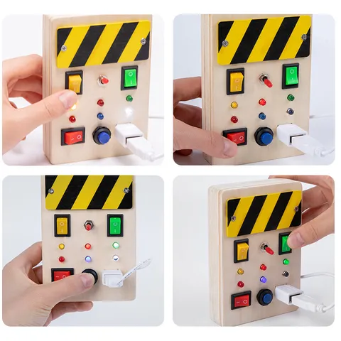 Wooden Sensory Busy Board Educational Montessori Toy With LED Lights Switch USB Interactive Toy For Toddlers Kids Gift