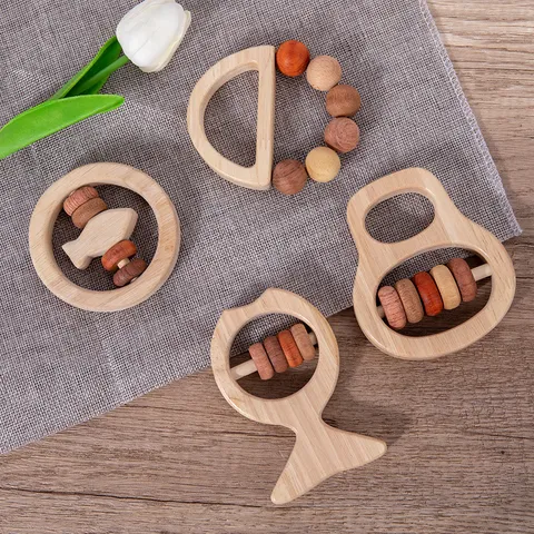 Wooden Baby Rattle Teething Toy Montessori Early Education Sensory Grasping Toy Natural Wood Safe Teether For Newborns