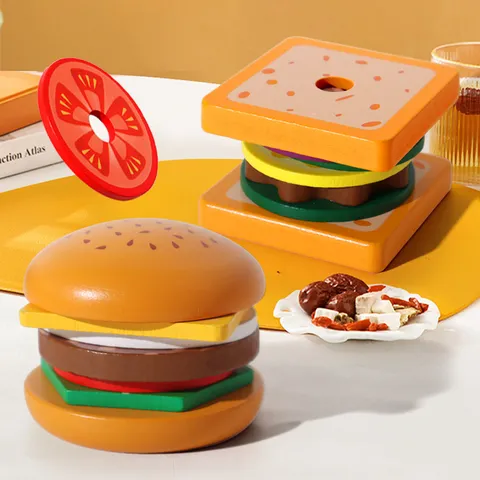 Children Wooden Pretend Play Burger Sandwich Assembly Educational Toy Toddler Kitchen Food Cutting Toy Gift