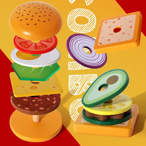 Children Wooden Pretend Play Burger Sandwich Assembly Educational Toy Toddler Kitchen Food Cutting Toy Gift