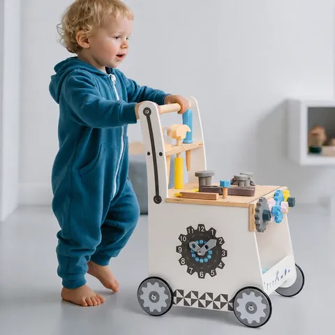 Kids Wooden Simulation Nut Tool Cart Multifunctional Educational Pretend Play Workbench Toy Toddler Walking Walker Gift