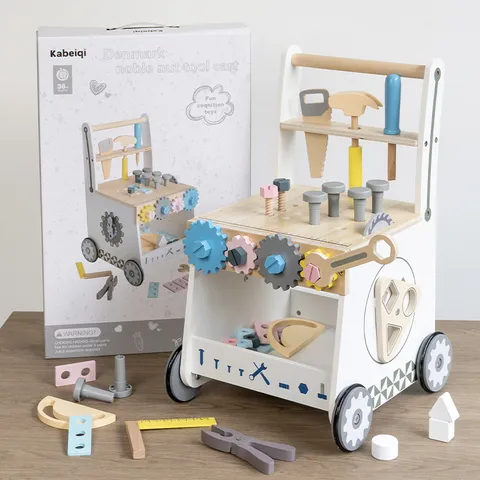 Kids Wooden Simulation Nut Tool Cart Multifunctional Educational Pretend Play Workbench Toy Toddler Walking Walker Gift