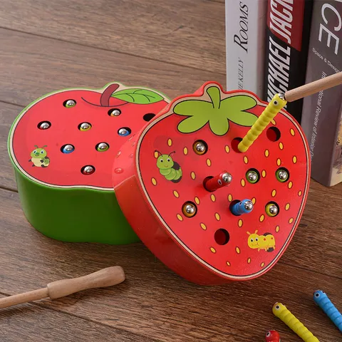 Wooden Montessori Early Education Fruit Catch-Worm Game Baby Educational Magnetic Catch Worm Caterpillar Fishing Toy