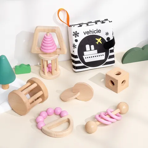 Wooden Baby Rattle Set Natural Beech Wood Teething Toys Newborn Grasping Sensory Toys Early Educational Toys Gift