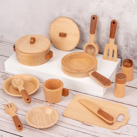 Bambini Set Giocattolo Cucina Gioco di Ruolo in Legno Legno di Faggio Utensili da Cucina Simulazione Frutta Verdura Giocattoli Educativi