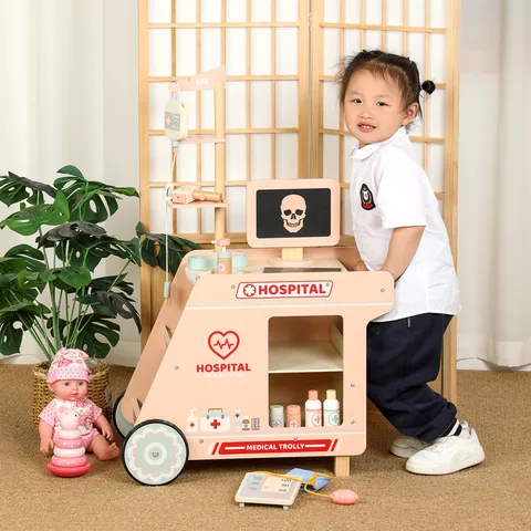 Kids Wooden Pretend Play Medical Trolley Doctor Simulation Injection Medical Supplies Toy Set Toddler Role Play Gift