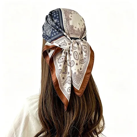 Fashion Satin Scarf Women Paisley Chain Print Square Hijab Head Wrap Retro Neckerchief Shawl Elegant Neck Scarf