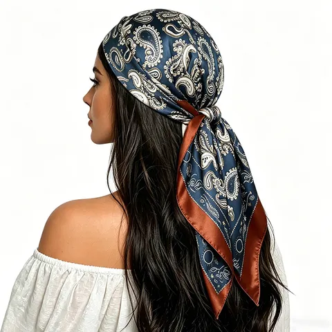 Women Retro Paisley Print Square Scarf Satin Silk Feel Lightweight Head Scarf Elegant Fashion Neck Scarf Shawl