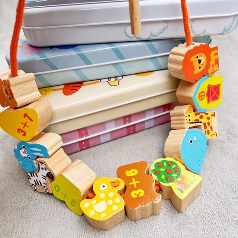 Wooden Kids Bead Threading Game Educational Toy Toddler Fine Motor Skills Training Animal Shapes Beads With Iron Box