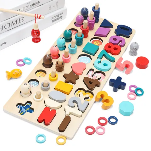 Wooden Kids Early Education Learning Five In One Matching Board Shape Number Cognition Puzzle Toy