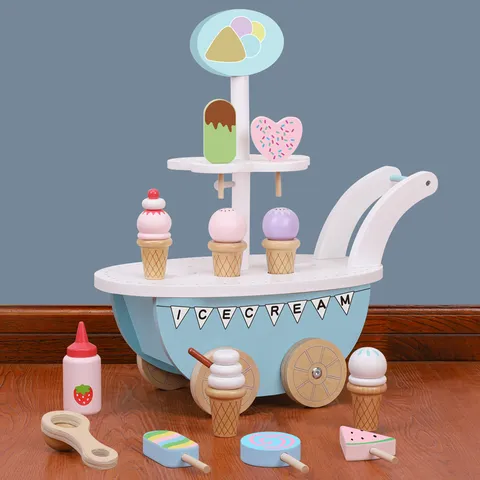 Kids Wooden Pretend Play Ice Cream Cart Toy Simulation American Ice Cream Truck Set Educational Toys Gift For Boys And Girls