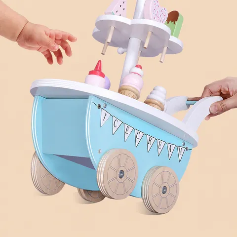 Kids Wooden Pretend Play Ice Cream Cart Toy Simulation American Ice Cream Truck Set Educational Toys Gift For Boys And Girls