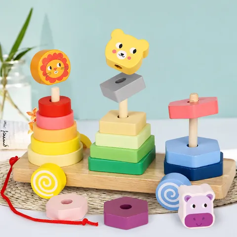 Hölzernes Zieh- und Sortierspielzeug Montessori Lernspielzeug Geometrische Blöcke Regenbogen Turm Spielzeug für Kinder
