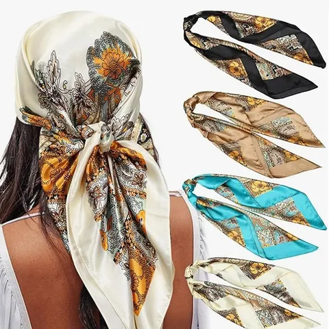 Women Fashion Paisley Floral Polyester Satin Scarf Vintage Square Headscarf Elegant Neck Scarf Shawl For Daily Wear
