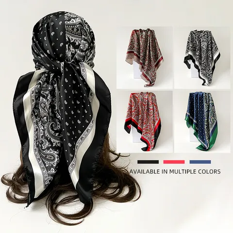 Women Fashion Paisley Print Satin Square Scarf Vintage Elegant Head Scarf Silk Feel Neck Scarf For Daily Wear