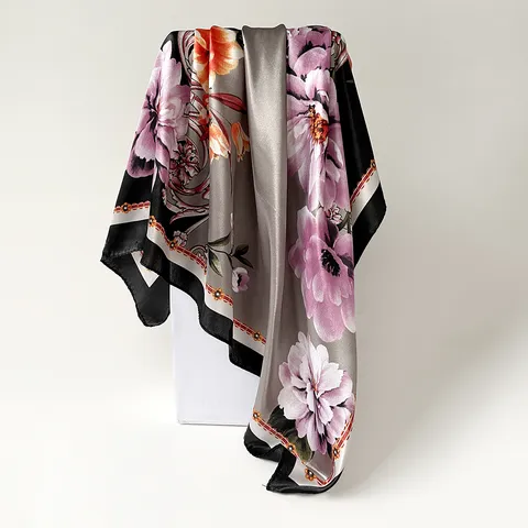 Women Retro Floral Print Satin Square Scarf Elegant Paisley Sun Protection Head Scarf Fashion Silk Feel Neck Scarf Shawl