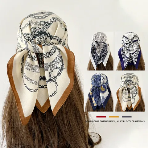 Women's Fashion Chain Print Square Scarf Silk Feel Herringbone Twill Sun Protection Head Scarf Elegant Neck Scarf