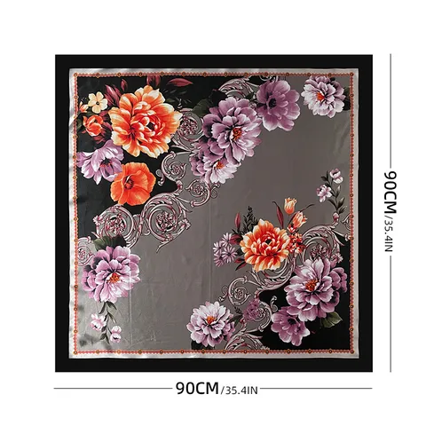 Women Retro Floral Print Satin Square Scarf Elegant Paisley Sun Protection Head Scarf Fashion Silk Feel Neck Scarf Shawl