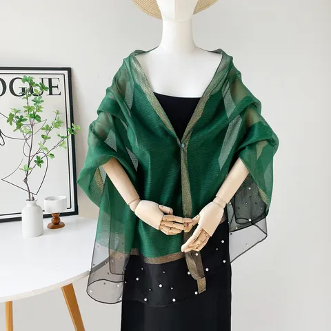 Womens Lightweight Chiffon Scarf Solid Color Long Shawl With Pearl Decoration Elegant Fashion Neck Scarf For Spring Summer