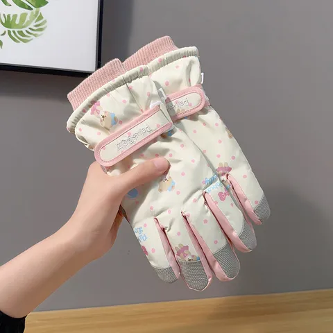 Women Winter Waterproof Windproof Thermal Ski Gloves Cute Cartoon Bear Polka Dot Touch Screen Warm Cycling Snow Gloves