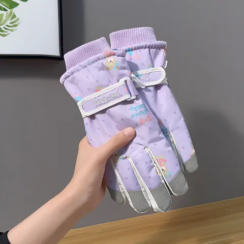 Women Winter Waterproof Windproof Thermal Ski Gloves Cute Cartoon Bear Polka Dot Touch Screen Warm Cycling Snow Gloves