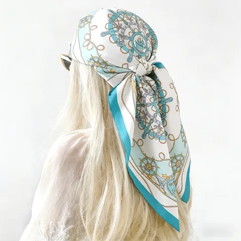 Women Fashion Satin Square Scarf Carriage Compass Printed Elegant Turban Hair Band Luxury Silk Feel Shawl Head Wrap