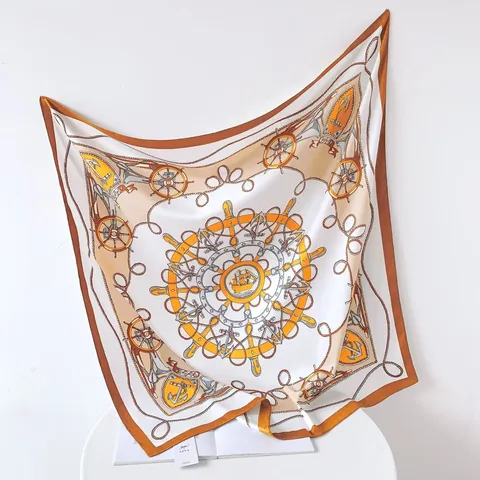Women Fashion Satin Square Scarf Carriage Compass Printed Elegant Turban Hair Band Luxury Silk Feel Shawl Head Wrap