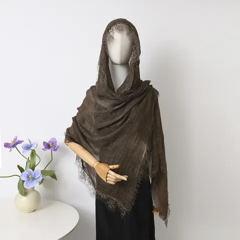 Women Cotton Blend Solid Color Long Scarf Elegant Lace Trim Shawl Lightweight Breathable Headwear Daily Travel Scarf