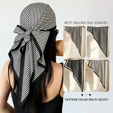 Women Fashion Satin Scarf Geometric Striped Triangle Shawl Lightweight Silk Feel Head Scarf For Daily Commute Outdoor