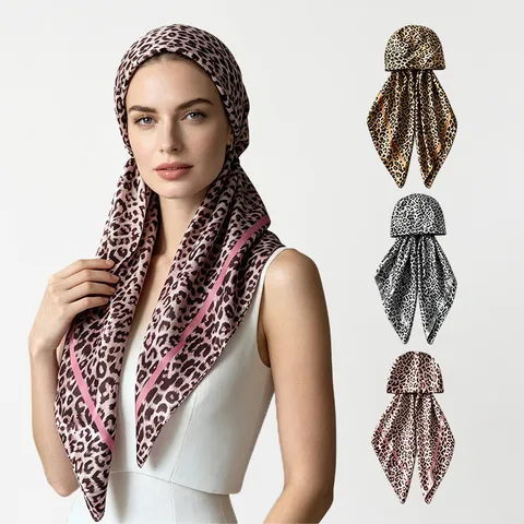 Women Leopard Print Satin Headwrap Cap Turban Sun Protection Fashion Scarf Hat