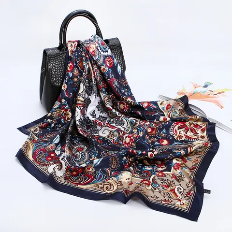 Women's Fashion Paisley Floral Print Satin Square Scarf Vintage Silk Feel Head Neck Wrap For Daily Wear