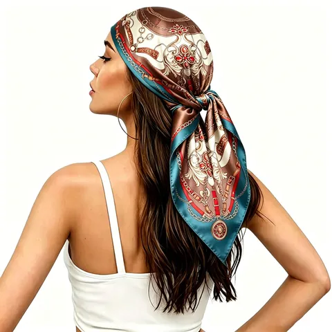 Women Luxury Chain Print Satin Square Scarf Vintage Baroque Head Scarf Fashion Neck Scarves Shawl Wrap