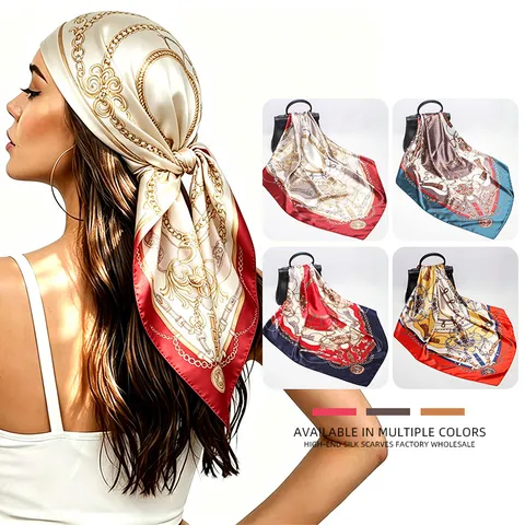 Women Luxury Chain Print Satin Square Scarf Vintage Baroque Head Scarf Fashion Neck Scarves Shawl Wrap