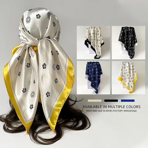 Women Satin Square Scarf Vintage Floral Printed Head Scarf Elegant Fashion Neck Scarf For Daily Commute Wear