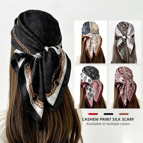 Fashion Satin Scarf Women Paisley Chain Print Square Hijab Head Wrap Retro Neckerchief Shawl Elegant Neck Scarf
