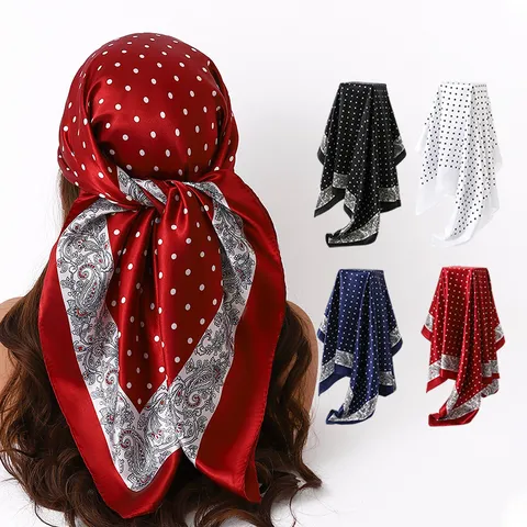 Women Fashion Satin Square Scarf Polka Dot Paisley Print Lightweight Silk Feel Headscarf Shawl For Daily Wear Travel