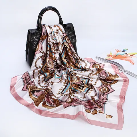 Women's Fashion Satin Silk Scarf Vintage Chain Horse Print Square Headscarf Elegant Large Shawl Neckerchief Wrap