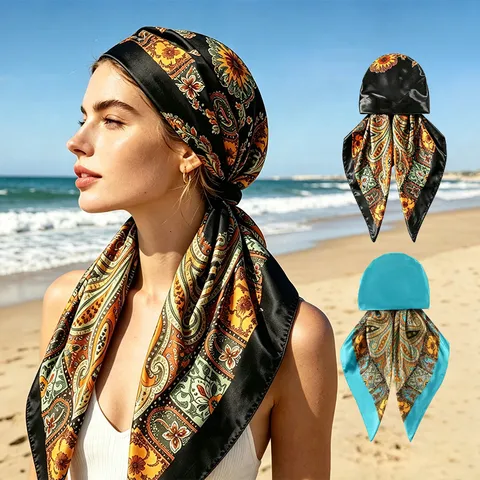 Women Satin Paisley Print Headscarf Cap Vintage Floral Sun Protection Muslim Turbans Fashion Hair Accessories